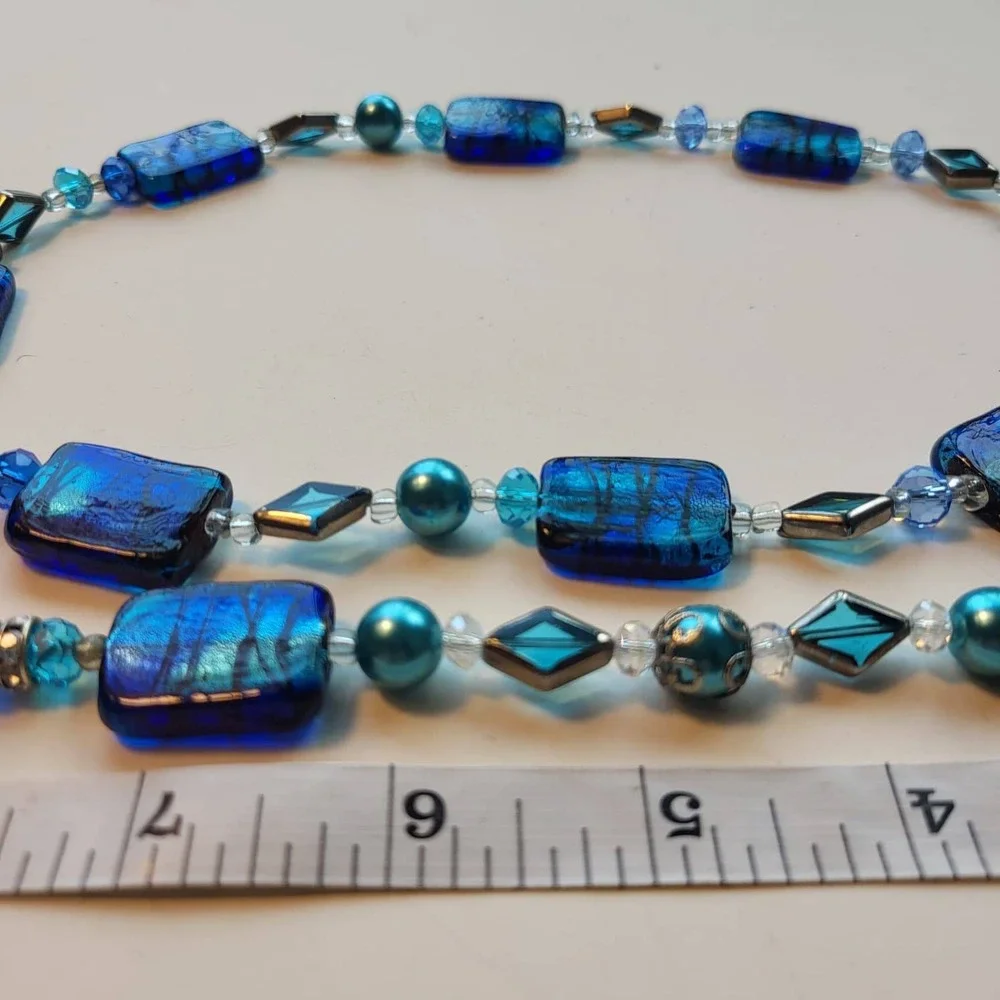 Vintage Glass Foil Bead Necklace Bracelet Set Blue Silver Tone Rectangle Beaded